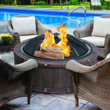 Load image into Gallery viewer, Sun Joe SJFP35-STN-RWD 35-In. Cast Stone Base, Wood Burning Fire Pit w/Dome Screen and Poker, Rivetted Wood