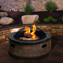 Load image into Gallery viewer, Sun Joe SJFP35-STN-BRL 35-in. Cast Stone Base, Wood Burning Fire Pit w/Dome Screen and Poker, Rustic Barrel