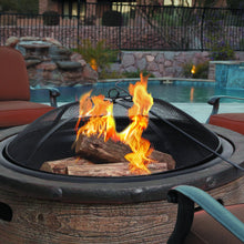 Load image into Gallery viewer, Sun Joe SJFP35-STN-BRL 35-in. Cast Stone Base, Wood Burning Fire Pit w/Dome Screen and Poker, Rustic Barrel
